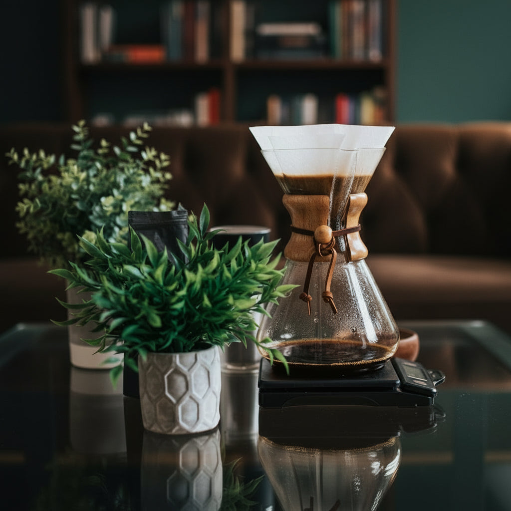 Coffee maker with a glass carafe on a kitchen counter with plants and a blurred background