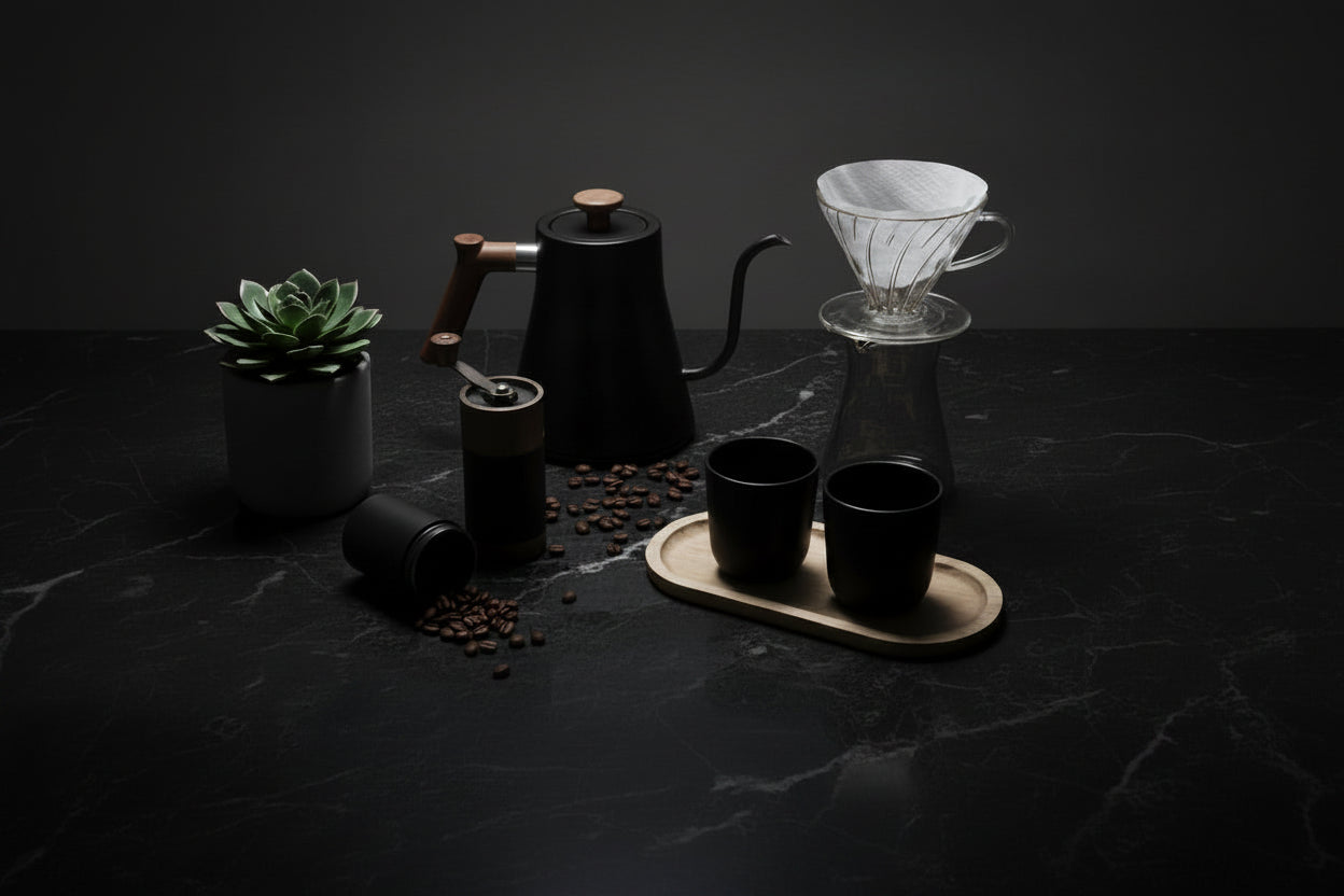 Coffee-making setup with a kettle, grinder, and two cups on a wooden surface.