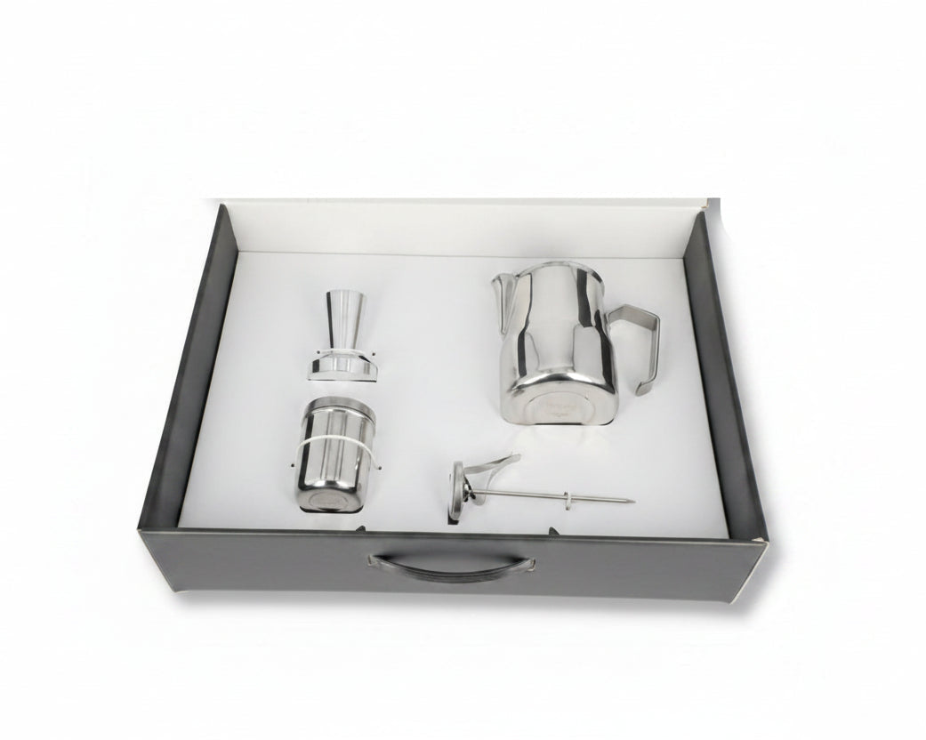 Motta Torino Barista Kit Open Presentation Box Showing Included Items.