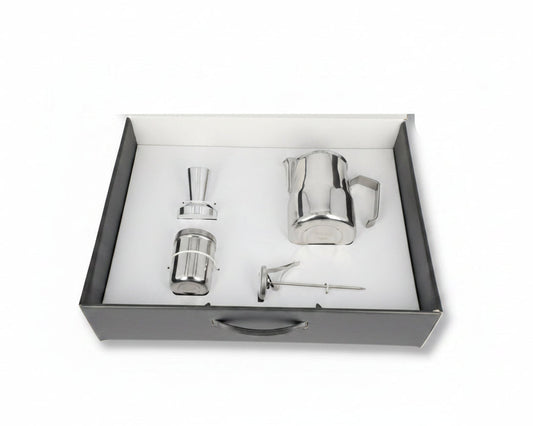 Motta Torino Barista Kit Open Presentation Box Showing Included Items.