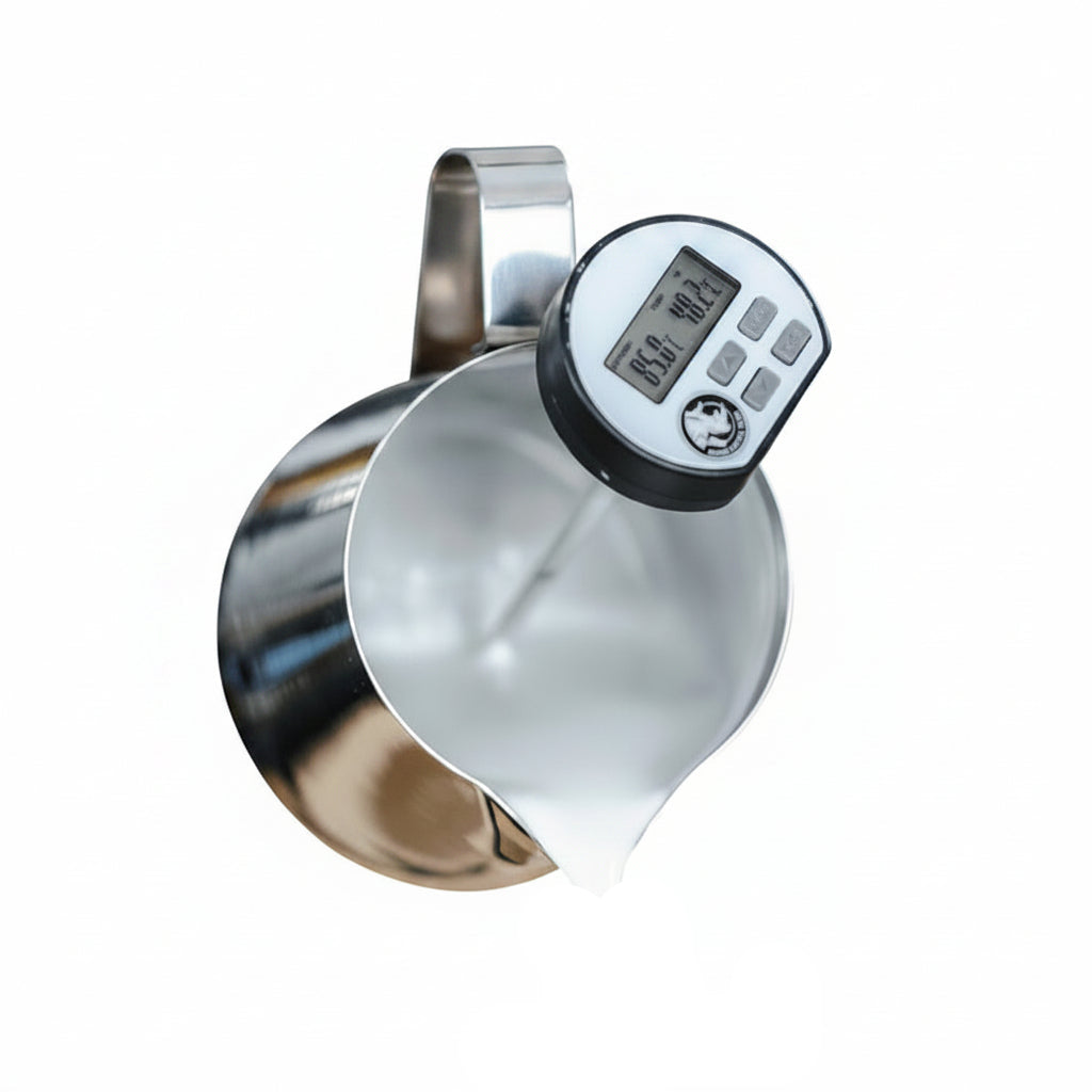 Rhino Barista Digital Set Temp Beeping Thermometer Shown With Milk Jug