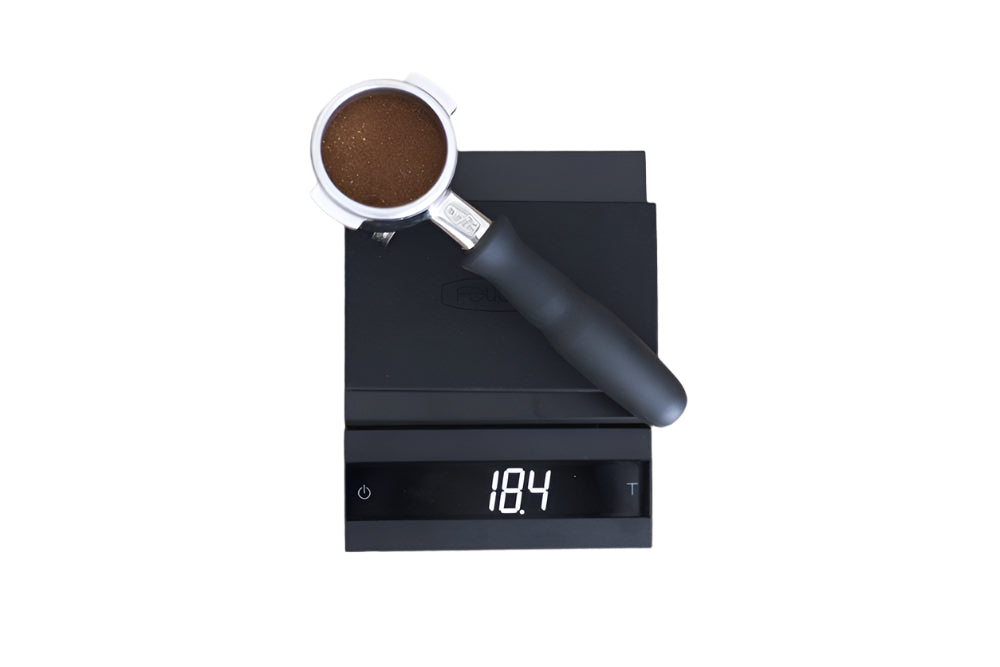 The Felicita Parallel Coffee Scale Product Overhead View With Portafilter